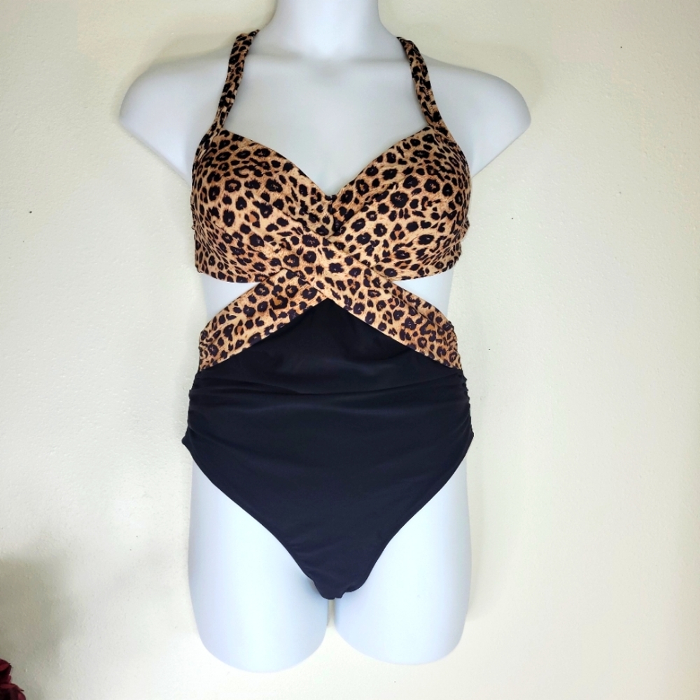Leopard Print and Black  One Piece Swimsuit